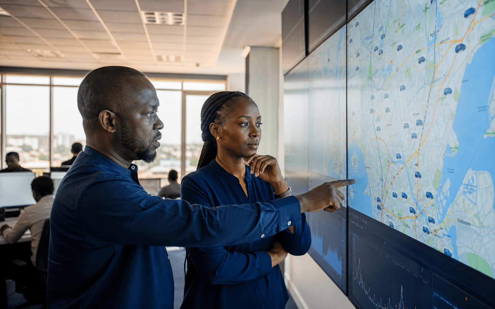 Editorial visualization of a Nigerian transport operations team reviewing a fleet map