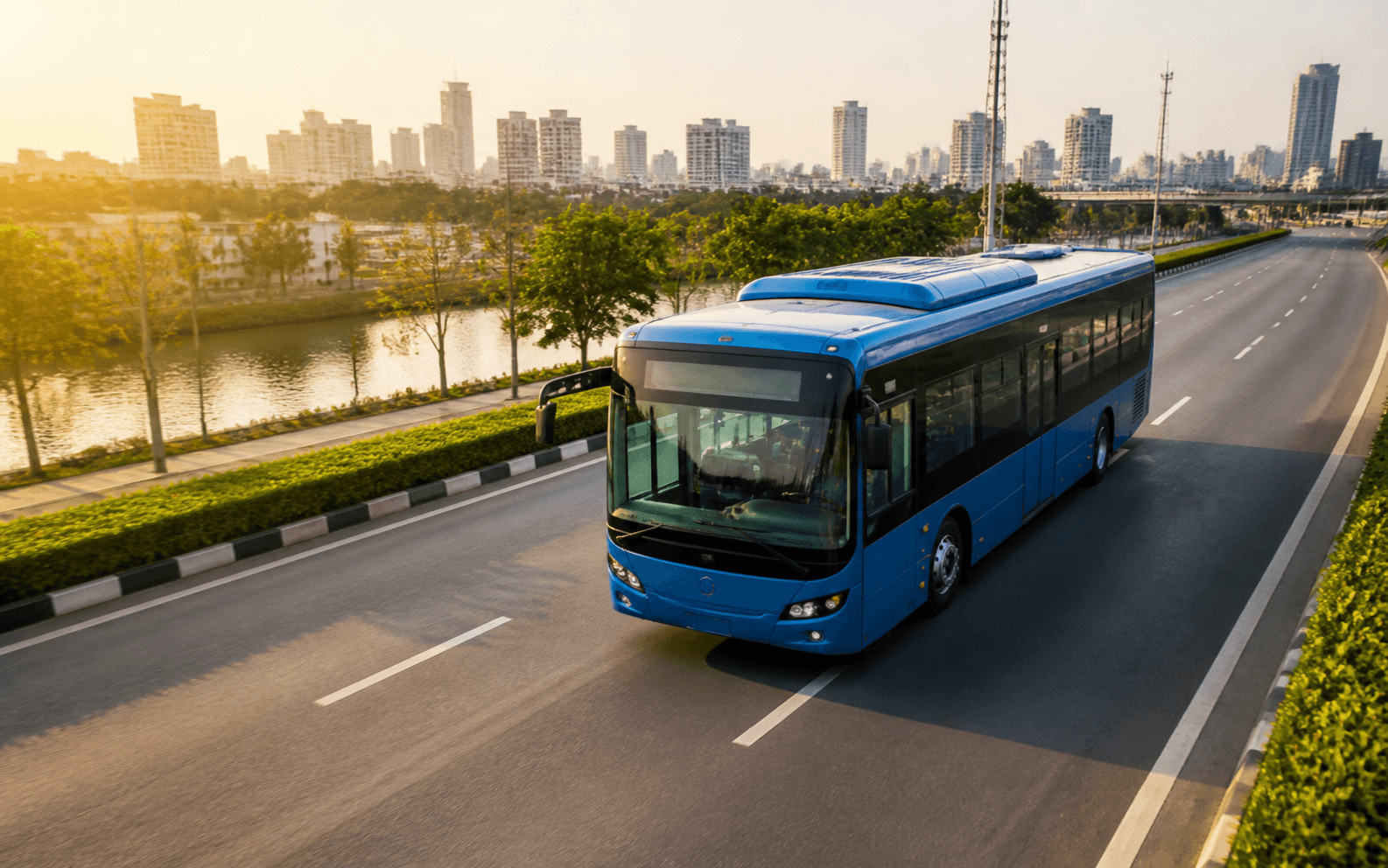 Editorial visualization of a modern blue city bus representing transit in Lagos